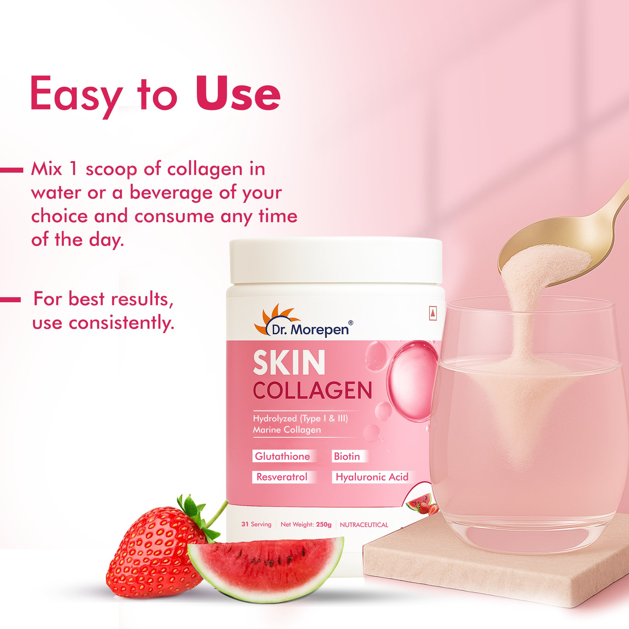DR. Morepen Skin Collagen Powder with Glutathione, Hyaluronic Acid, Resveratrol &amp; Biotin Strawberry Watermelon Flavour