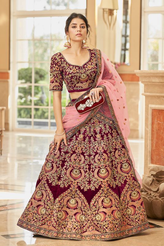 Aastha fashion Maroon Velvet lehanga blouse fabric Thread, Zari, Dori and Sequins Embroidery Work