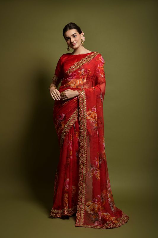 Aastha Red Heavy soft Chiffon Heavy Mono Banglori beautiful floral Print Work