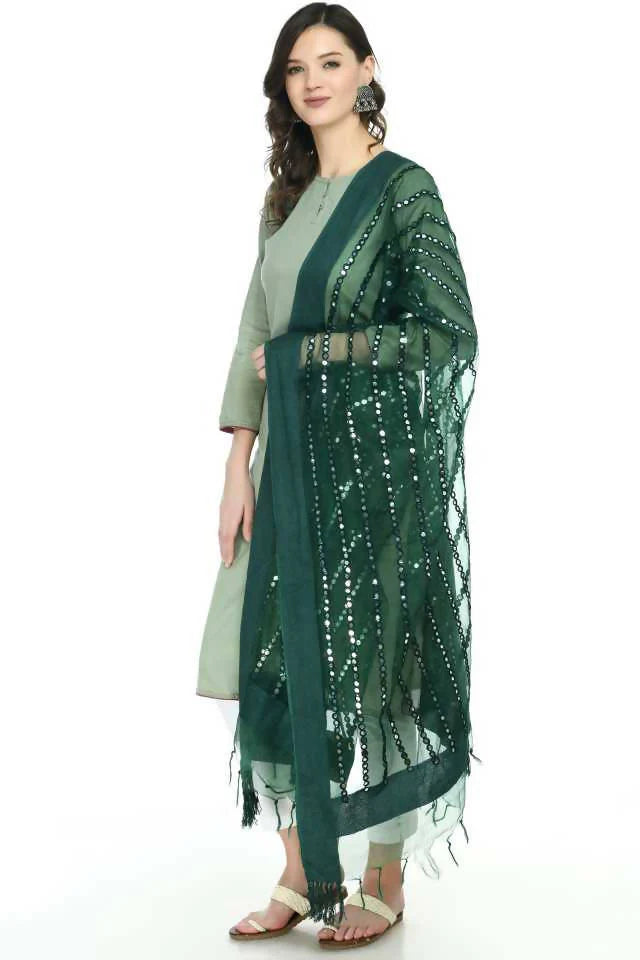 Mominos Fashion Bottle Green Orgenza Mirror Stripe Dupatta