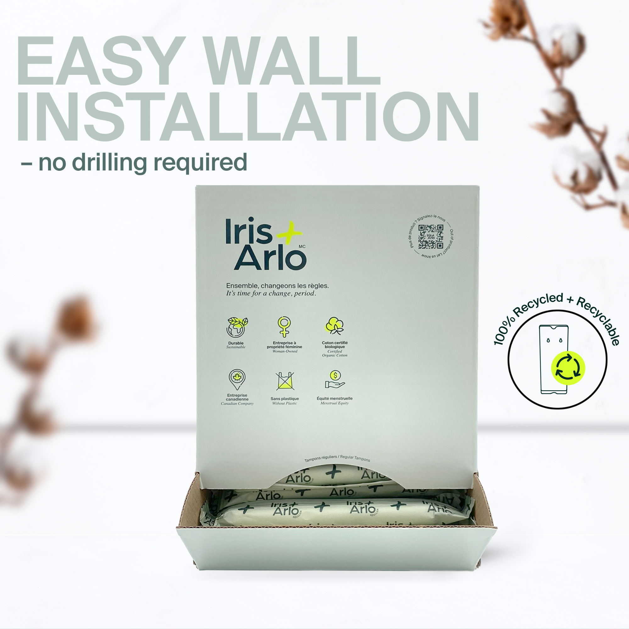Wall-Mounted Cardboard Dispenser, 100% Organic Cotton Tampons