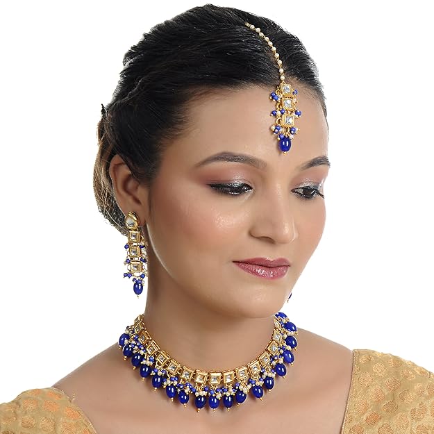 Tehzeeb Creation   Back Meenakari 18k Gold Plated Square Shape Tika Earring Combo Jewellery Set Uncut Kundan Big Faux Kundan Dibbi Kundan Choker Necklace Set for Girl's & Women THZ442