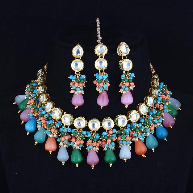 Tehzeeb Creation Back Meenakari 18k Gold Plated Multicolor Tika Earring Combo Jewellery Set Uncut Kundan Big Faux Kundan Dibbi Kundan Choker Necklace Set for Girl's & Women THZ416