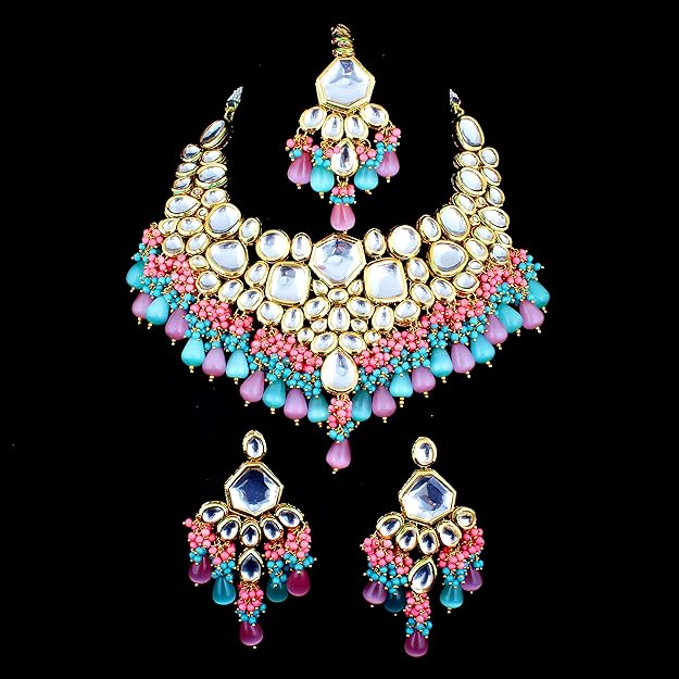 Tehzeeb Creation Meenakari 18K Gold plated Multi color Uncut dibbi Kundan Combo Necklace Set THZ409
