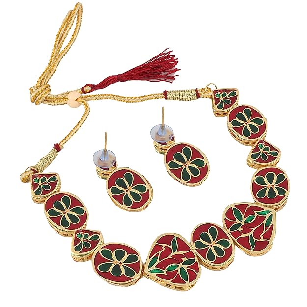 Tehzeeb Creation Back Meenakari 18k Gold Plated White Color Triangular Shape Earring Combo Jewellery Set Uncut Kundan Big Faux Kundan Dibbi Kundan Choker Necklace Set for Girl's & Women THZ417