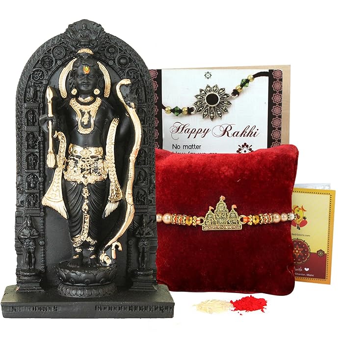 Rakhi For Brother with Gift Combo - Premium Rakhi with Ram Lalla Idol Statue and Mini Greeting Card- Raksha Bandhan Gift for Brother Bhaiya Men