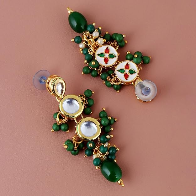 Tehzeeb Creation Back Meenakari 18k Gold Plated Tika Earring Combo Uncut Big Faux Kundan Choker Necklace set THZ419