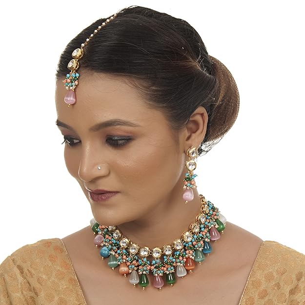Tehzeeb Creation Back Meenakari 18k Gold Plated Multicolor Color Tika Earring Combo Jewellery Set Uncut Big Faux Kundan Dibbi Kundan Choker Necklace Set for Girl's & Women THZ445