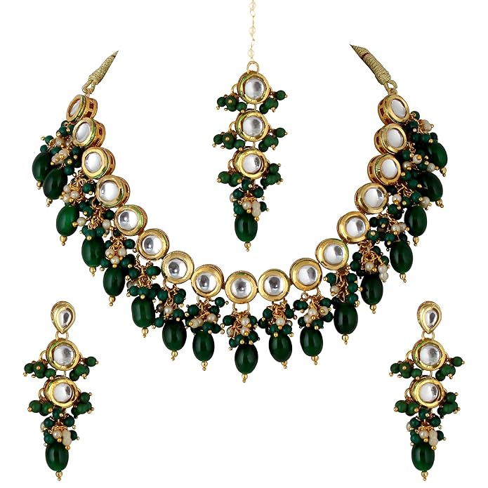 Tehzeeb Creation Back Meenakari 18k Gold Plated Tika Earring Combo Uncut Big Faux Kundan Choker Necklace set THZ419