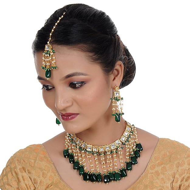 Tehzeeb Creation Back Meenakari 18k Gold Plated Tika Earring Combo Jewellery Set Uncut Kundan Big Faux Kundan Dibbi Kundan Choker Necklace Set for Girl's & Women THZ431