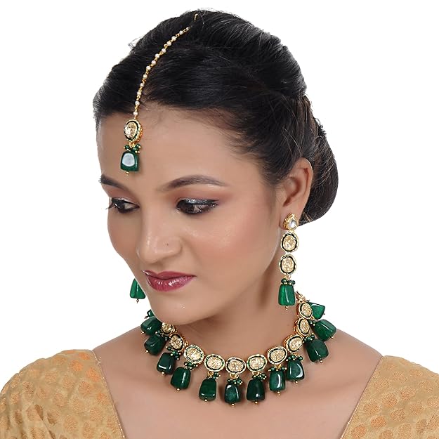 Tehzeeb Creation Back Meenakari 18k Gold Plated Tika Earring Combo Jewellery Set Uncut Kundan Big Faux Kundan Dibbi Kundan Choker Necklace Set for Girl's & Women THZ412