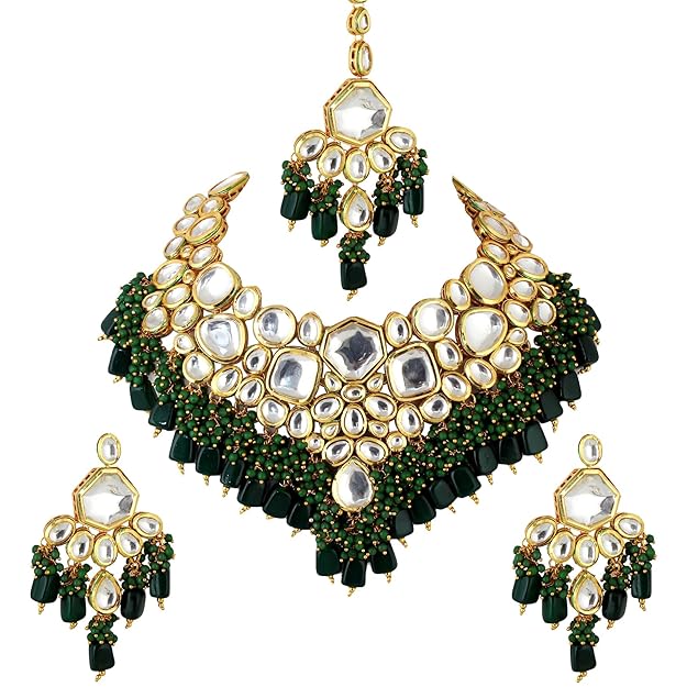Tehzeeb Creation Back Meenakari 18k Gold Plated Green Color Tika Earring Combo Uncut Big Faux Kundan Choker Necklace Set THZ414