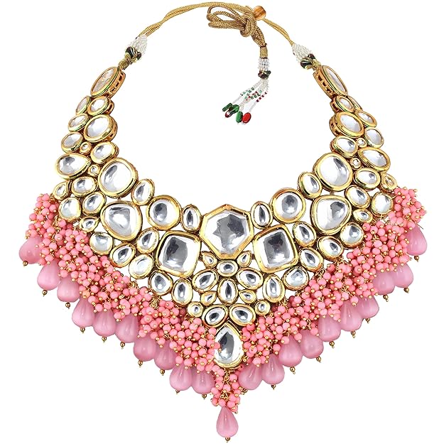 Tehzeeb Creation Gold Plated Pink Color Kundan Stone/Uncut Kundan/Dibbi Kundan/Meena Kundan/Lucknow Kundan with Monalisa Drop Bridal Set for Girls & Women THZ415