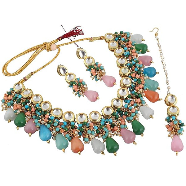 Tehzeeb Creation Back Meenakari 18k Gold Plated Multicolor Color Tika Earring Combo Jewellery Set Uncut Big Faux Kundan Dibbi Kundan Choker Necklace Set for Girl's & Women THZ453