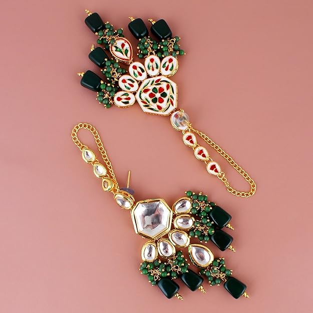 Tehzeeb Creation Back Meenakari 18k Gold Plated Green Color Tika Earring Combo Uncut Big Faux Kundan Choker Necklace Set THZ414