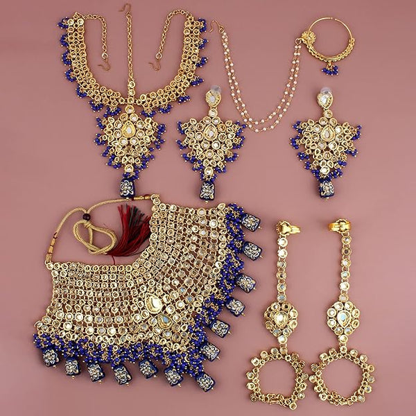 Tehzeeb Creation Traditional 18k Gold Plated Designer Blue Color Dulhan Choker Kundan Bridal Set THZ434