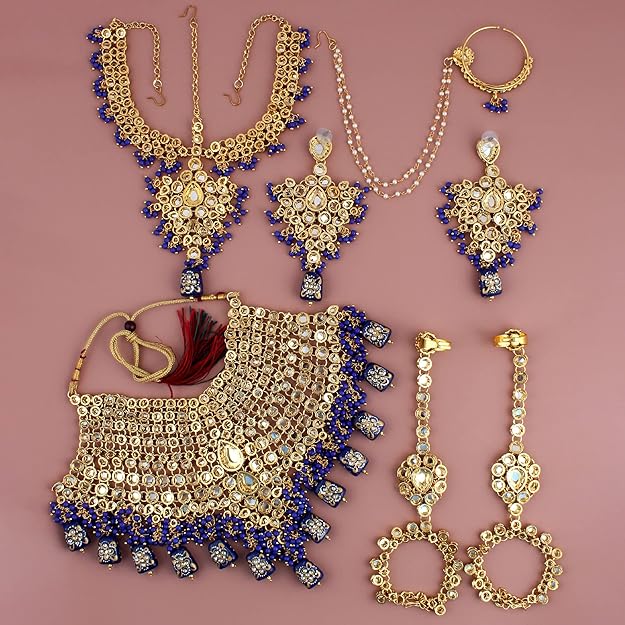 Tehzeeb Creation Traditional 18k Gold Plated Designer Blue Color Dulhan Choker Kundan Bridal Set THZ435