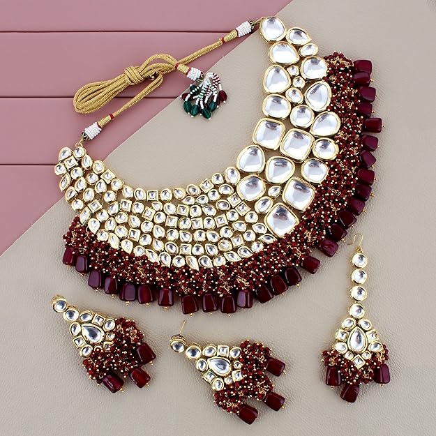 Tehzeeb Creation Meenakari 18K Gold plated Maroon color Uncut dibbi Kundan Combo Necklace Set THZ425