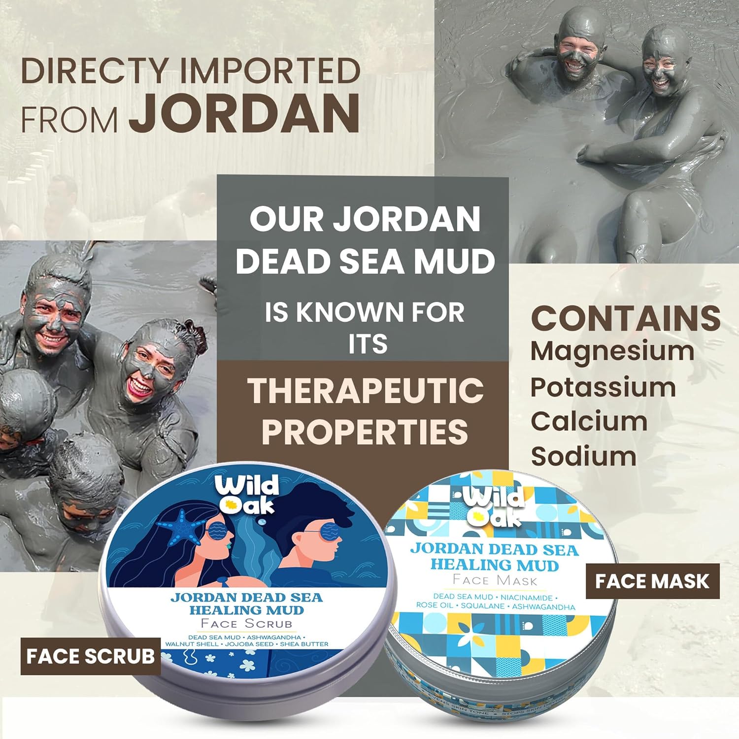 WildOak Jordan Dead Sea Healing Mud Face Scrub | 2% Niacinamide | Blemishes & Anti Aging | De-Tan, Even Skin Tone, Brighter Complexion | Body Mud | Clay Mask | All Skin Types | 100gm