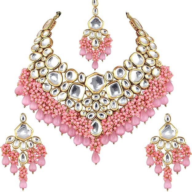 Tehzeeb Creation Gold Plated Pink Color Kundan Stone/Uncut Kundan/Dibbi Kundan/Meena Kundan/Lucknow Kundan with Monalisa Drop Bridal Set for Girls & Women THZ415