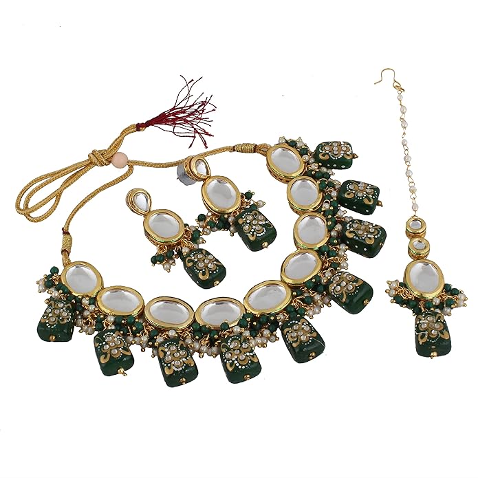 Tehzeeb Creation Back Meenakari 18k Gold Plated Earring Combo Jewellery Set Uncut Kundan Big Faux Kundan Dibbi Kundan Choker Necklace Set for Girl's & Women THZ420