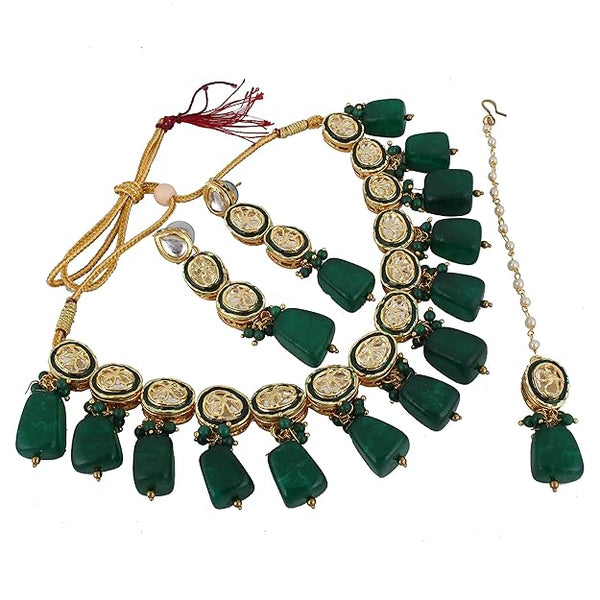 Tehzeeb Creation Back Meenakari 18k Gold Plated Set with Earring and Mang Tika Combo Uncut Big Faux Kundan Choker Necklace set THZ411