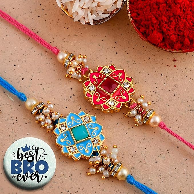 Pack of 2 Flower Rakhi Set Combo For Brother Bhaiya Sister Raksha Bandhan Gift Band Moli Bracelet Stone Pearl Rakhi with Roli Tilak & Best Brother Fridge Magnet
