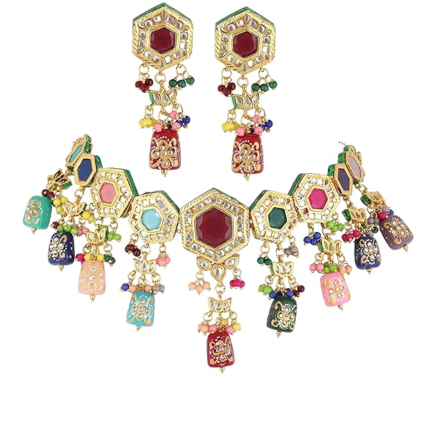 Tehzeeb Creation Back Meenakari 18k Gold Plated MultiColor Tika Earring Combo Jewellery Set Uncut Kundan Choker Necklace Set For Girl's & Women THZ422