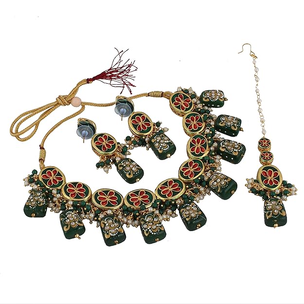 Tehzeeb Creation Meenakari Gold plated pentagon shape Uncut Kundan Necklace Set  THZ449