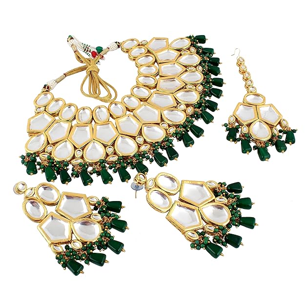 Tehzeeb Creation Meenakari 18K Gold Plated Green Color Rectangular Shape Uncut Kundan Combo Necklace Set THZ451