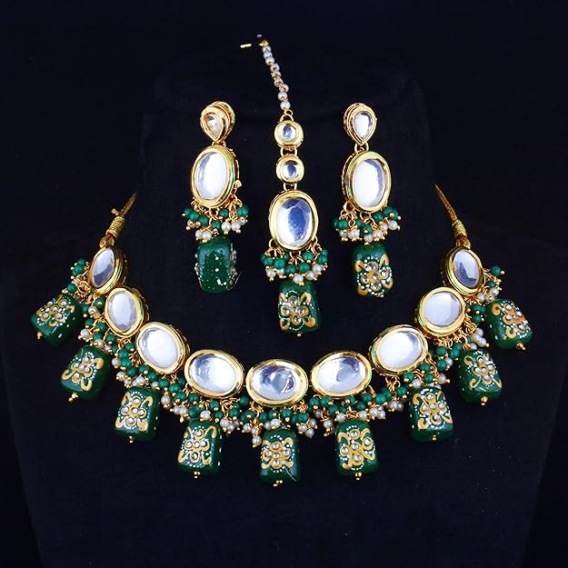 Tehzeeb Creation Back Meenakari 18k Gold Plated Green Color Tika Earring Combo Jewellery Set Uncut Kundan Big Faux Kundan Dibbi Kundan Choker Necklace Set for Girl's & Women THZ448