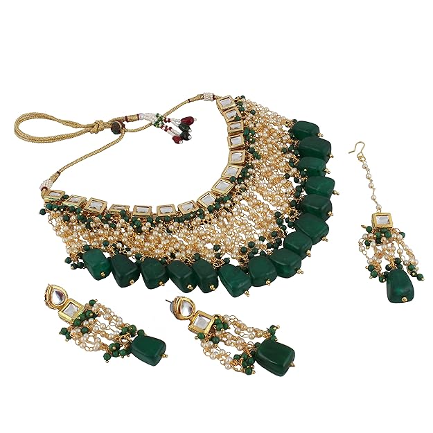 Tehzeeb Creation Back Meenakari 18k Gold Plated Tika Earring Combo Jewellery Set Uncut Kundan Big Faux Kundan Dibbi Kundan Choker Necklace Set for Girl's & Women THZ431