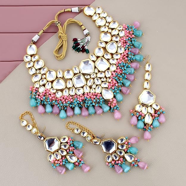 Tehzeeb Creation Meenakari 18K Gold plated Multi color Uncut dibbi Kundan Combo Necklace Set THZ409