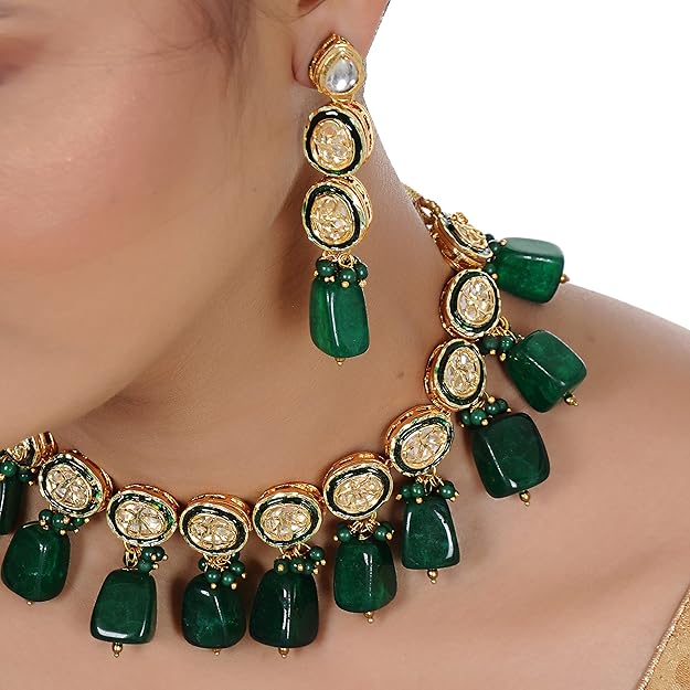 Tehzeeb Creation Back Meenakari 18k Gold Plated Set with Earring and Mang Tika Combo Uncut Big Faux Kundan Choker Necklace set THZ411