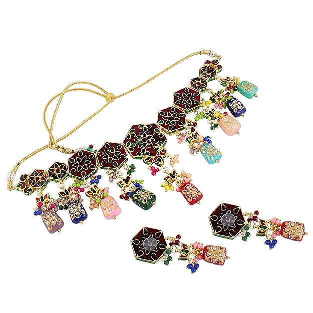 Tehzeeb Creation Back Meenakari 18k Gold Plated MultiColor Tika Earring Combo Jewellery Set Uncut Kundan Choker Necklace Set For Girl's & Women THZ422