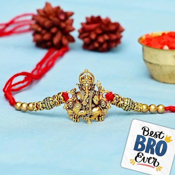 Golden Religious Designer Ganesha Rakhi with Red Thread and Roli Chawal Pack and Best Bro Ever Fridge Magnet - Rakhi for Brother, Bhaiya, Bhai