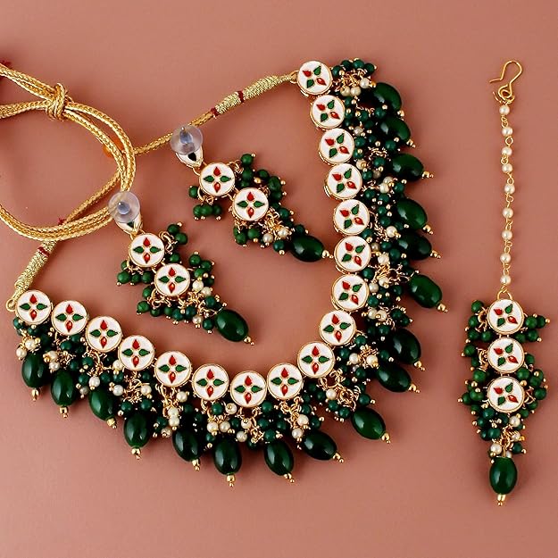 Tehzeeb Creation Back Meenakari 18k Gold Plated Tika Earring Combo Uncut Big Faux Kundan Choker Necklace set THZ423