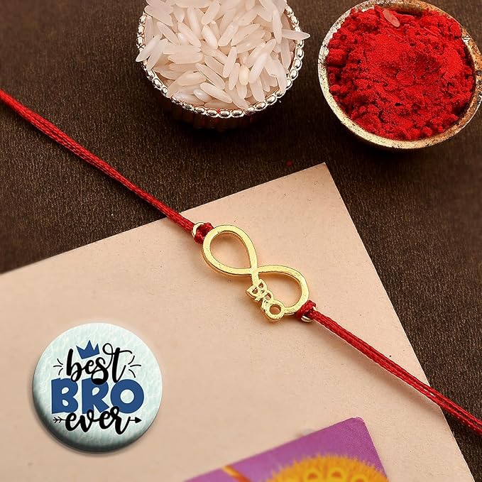 Golden Plated Infinity Bro Rakhi Raksha Bandhan Gift Band Bracelet Pearl Designer Rakhi for Brother bhaiya Bro Rakhi with Roli Tilak & Best Brother Fridge Magnet