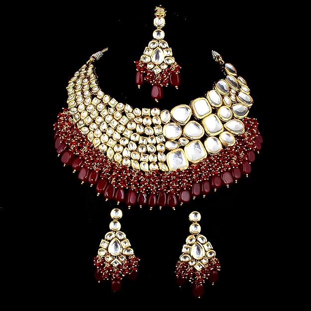 Tehzeeb Creation Meenakari 18K Gold plated Maroon color Uncut dibbi Kundan Combo Necklace Set THZ425