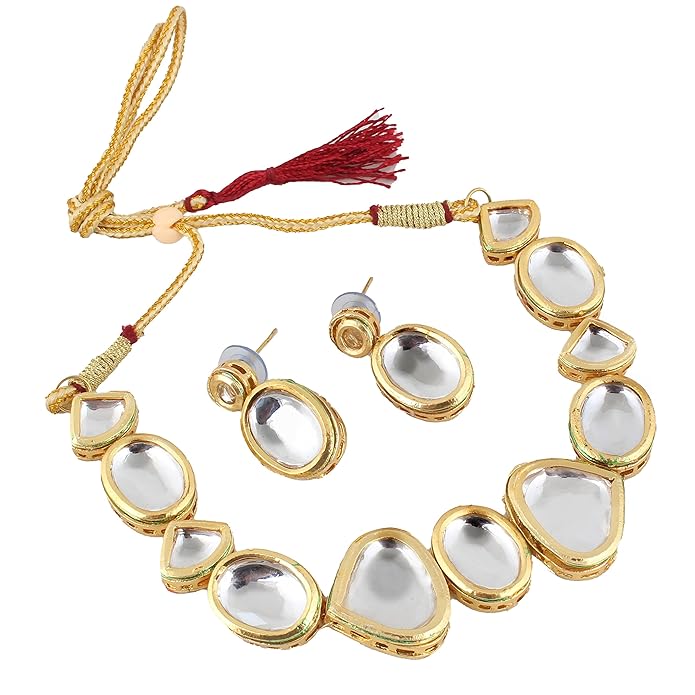 Tehzeeb Creation Back Meenakari 18k Gold Plated White Color Triangular Shape Earring Combo Jewellery Set Uncut Kundan Big Faux Kundan Dibbi Kundan Choker Necklace Set for Girl's & Women THZ417
