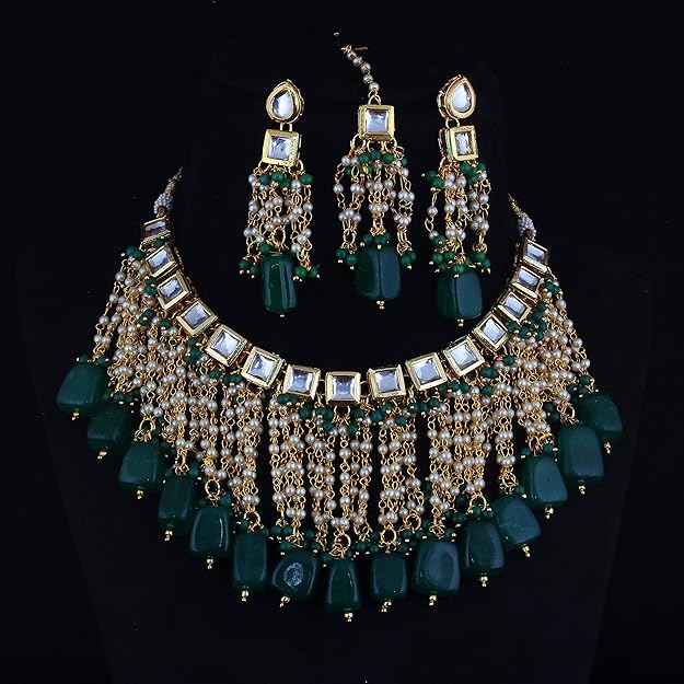 Tehzeeb Creation Back Meenakari 18k Gold Plated Tika Earring Combo Jewellery Set Uncut Kundan Big Faux Kundan Dibbi Kundan Choker Necklace Set for Girl's & Women THZ431