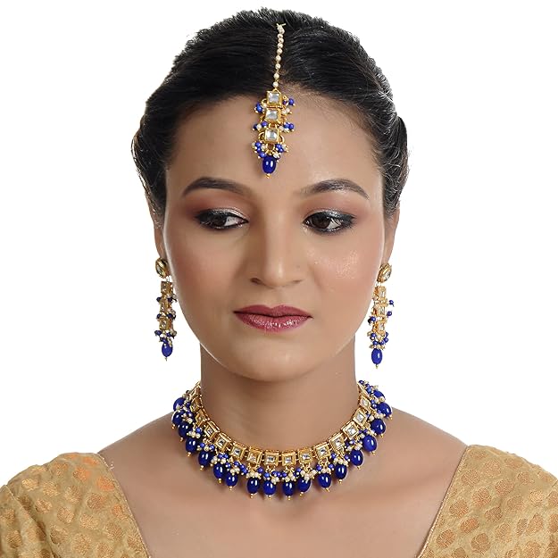 Tehzeeb Creation Back Meenakari 18k Gold Plated Square Shape Tika Earring Combo Jewellery Set Uncut Kundan Big Faux Kundan Dibbi Kundan Choker Necklace Set for Girl's & Women  THZ421
