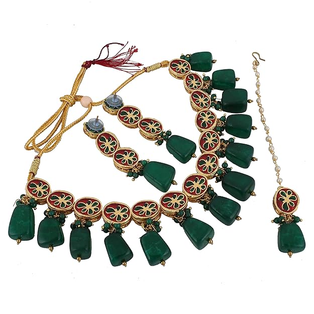 Tehzeeb Creation Back Meenakari 18k Gold Plated Tika Earring Combo Jewellery Set Uncut Kundan Big Faux Kundan Dibbi Kundan Choker Necklace Set for Girl's & Women THZ412