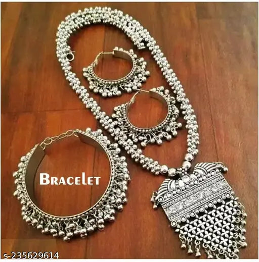 WOMENS SILVER PLEATED OXIDISED NACKLACE SET WITH BRACELET  THZ098