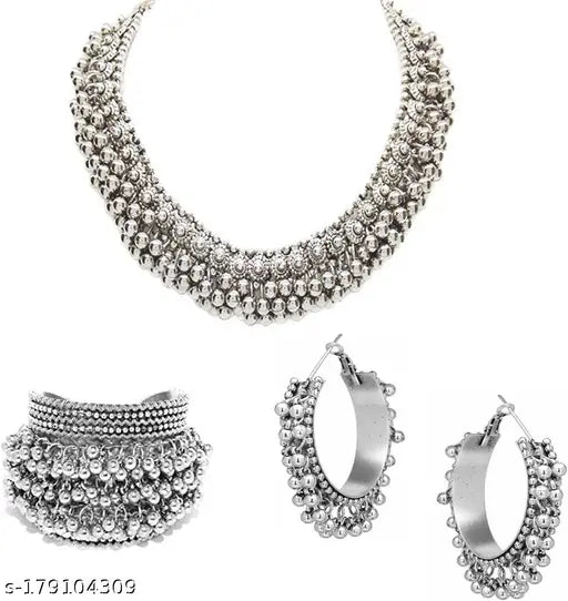 WOMENS SILVER COLOUR GHUNGHROO DESIGN BRACELET NACKLACE AND EARRINGS  THZ085