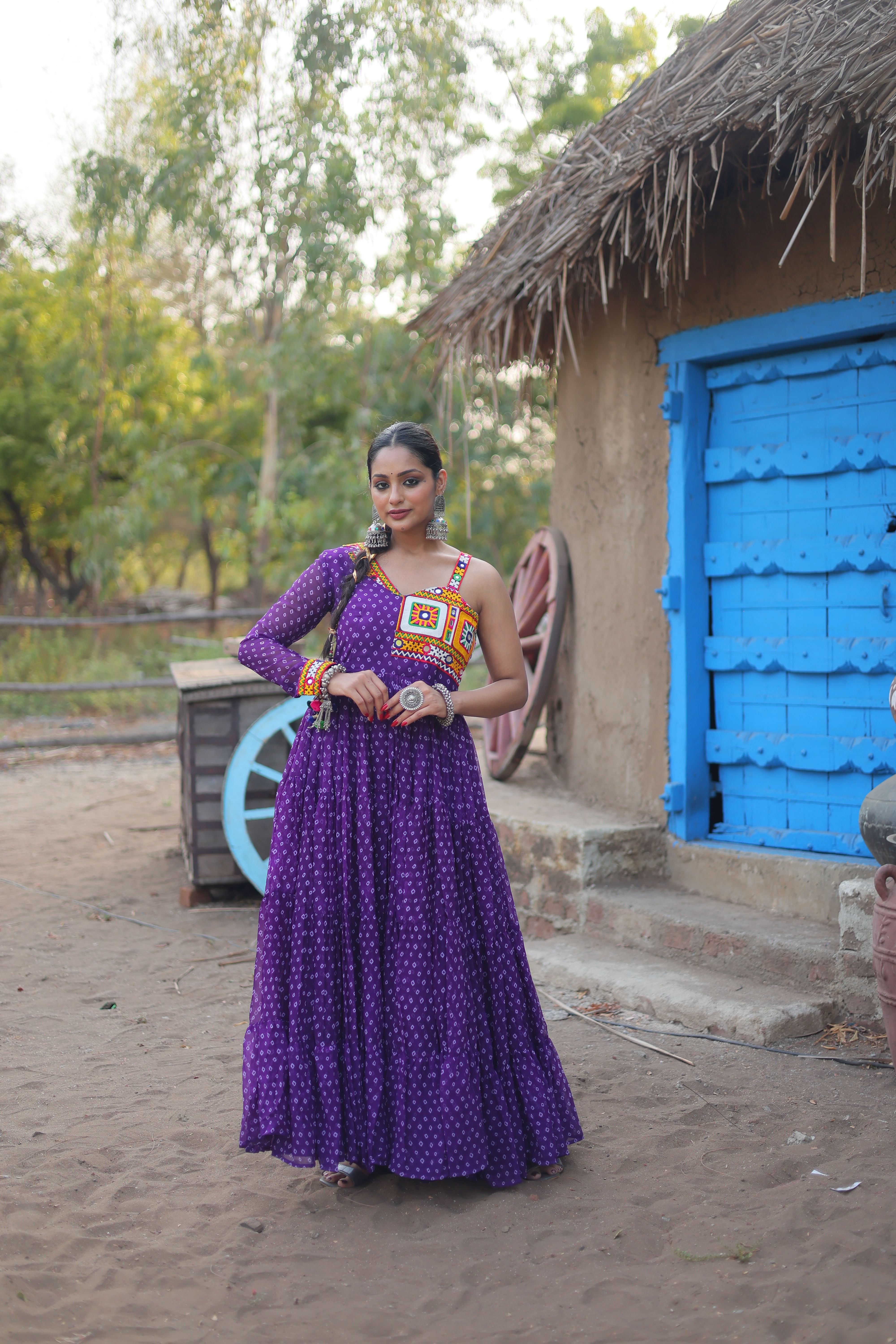 Aastha Purple with Gown fabric Faux Georgette Bandhani Print work with kutchi patchework