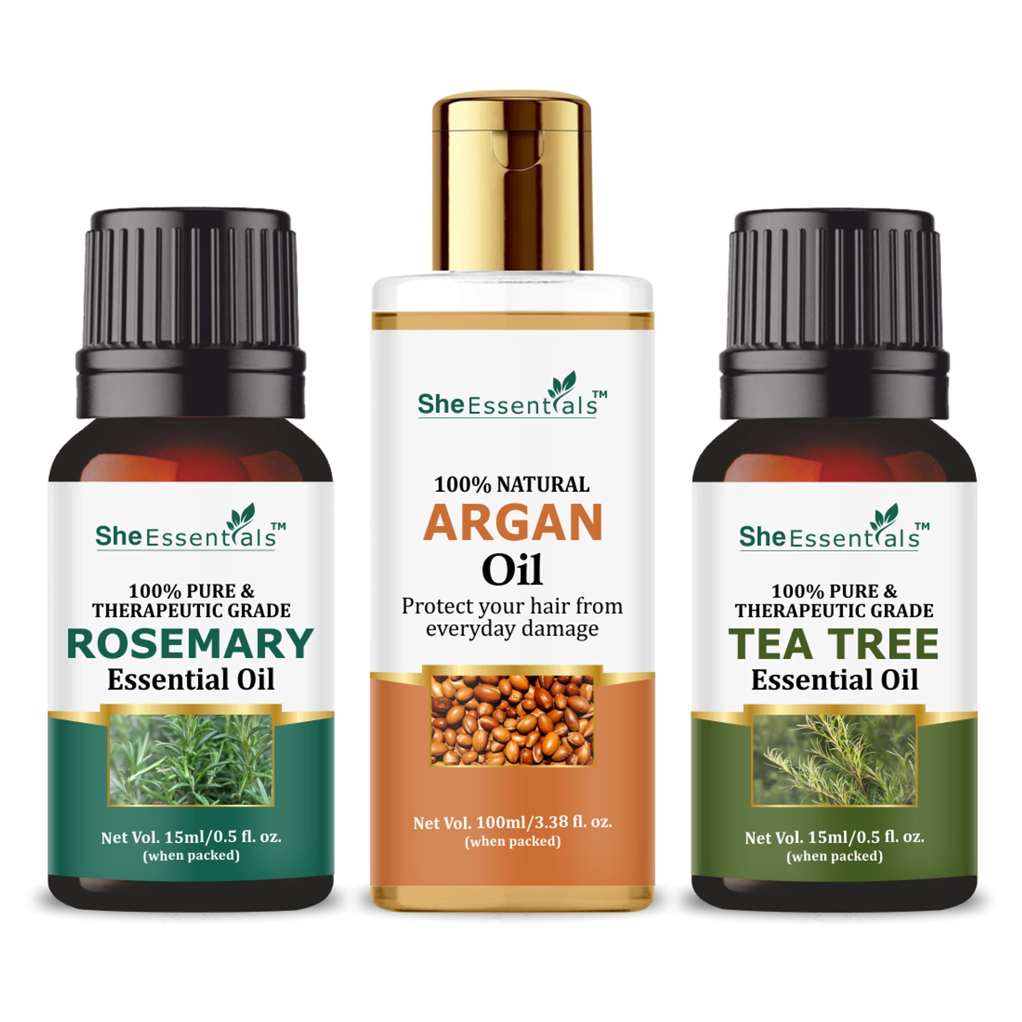 She Essentials Argan Carrier Oil, Rosemary & Tea Tree Essential Oil - Skincare & Hair Care