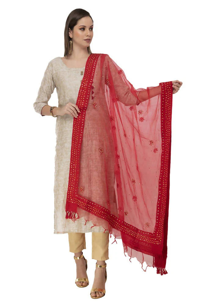 Mominos Fashion Red Orgenza Nug Embroidery Dupatta