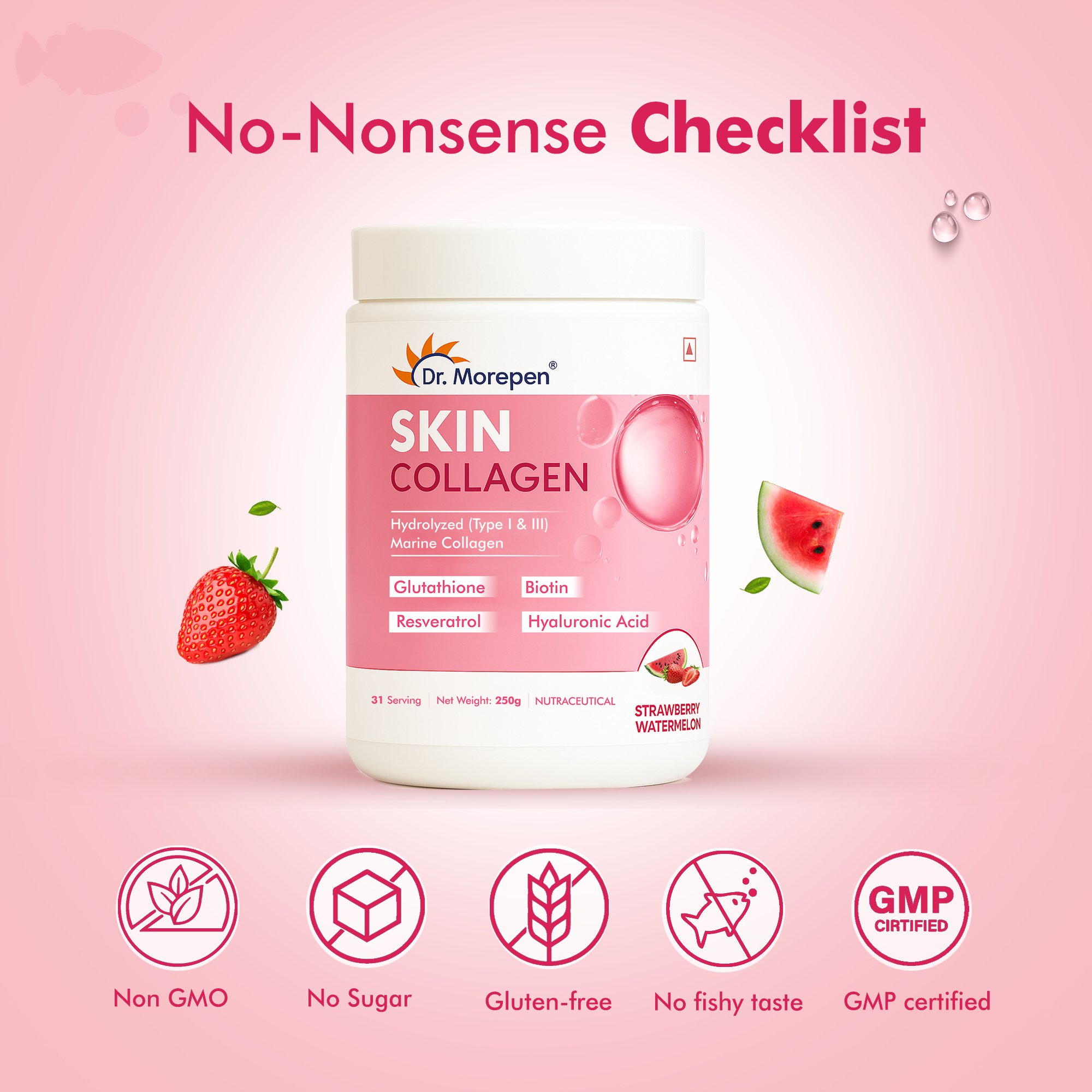 DR. Morepen Skin Collagen Powder with Glutathione, Hyaluronic Acid, Resveratrol &amp; Biotin Strawberry Watermelon Flavour