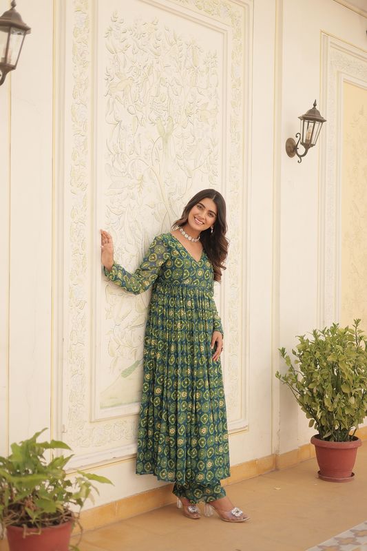 Aastha Green Faux Georgette with Gown fabric
